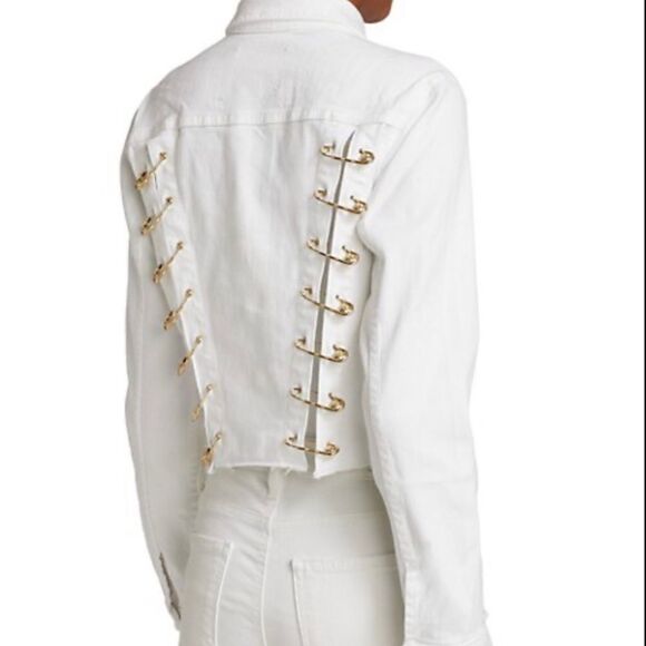 🔥 🧷 NWT L’AGENCE ARIA SAFETY PIN CROPPED DENIM JEAN JACKET - Picture 2 of 13